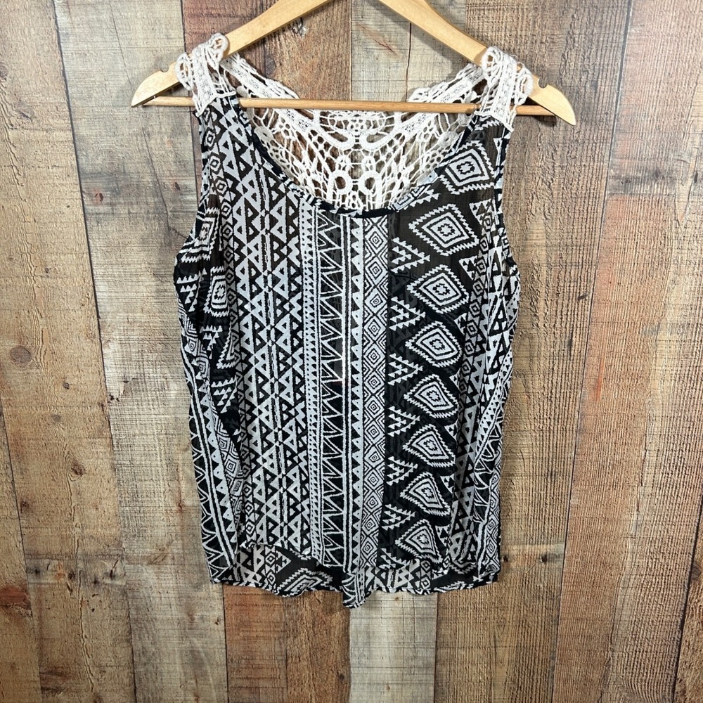 No Boundaries Boho Crochet Tank Top Medium Black White Sheer Tribal Print